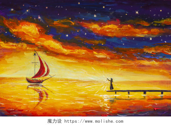 女孩与灯笼火在桥梁等待遇见帆船以红色